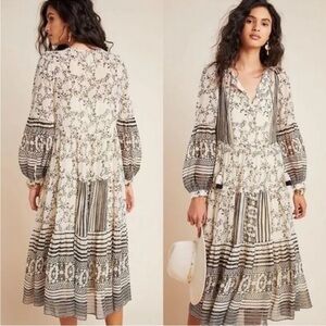 Anthropologie Talulah Tiered Midi Dress Cream Black Print Size Small